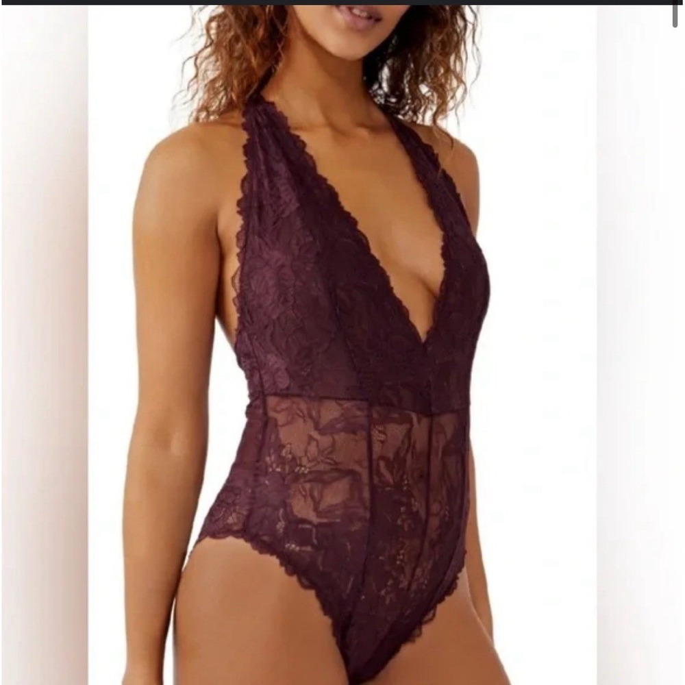 Free People Plum Jam Everyday Lace Bodysuit Size XS Sheer Deep V‎ Floral $58